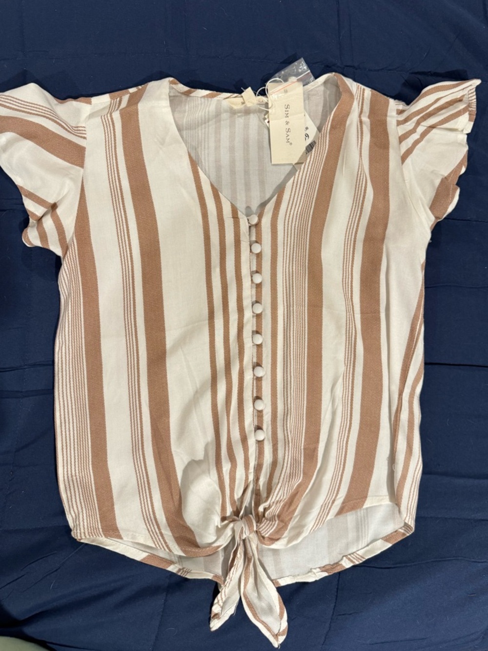 Tie-Front Striped V-Neck Blouse in Beige and White